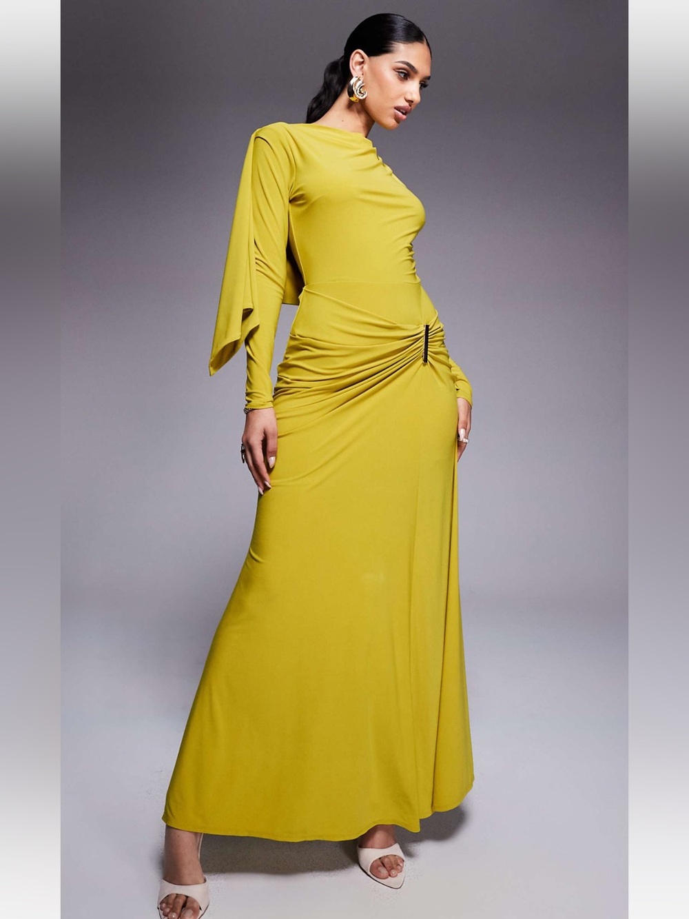 ASOS DESIGN long sleeve drape maxi dress with hitched skirt and trim in lime